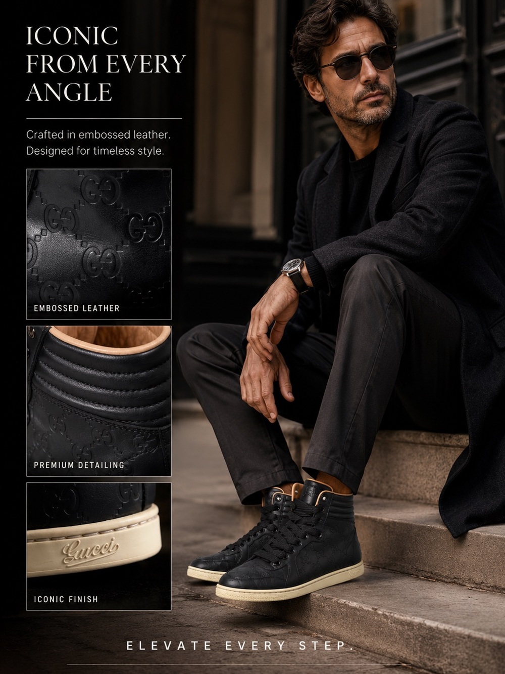 Gucci Black Embossed Leather High-Top Sneakers with Cream Sole